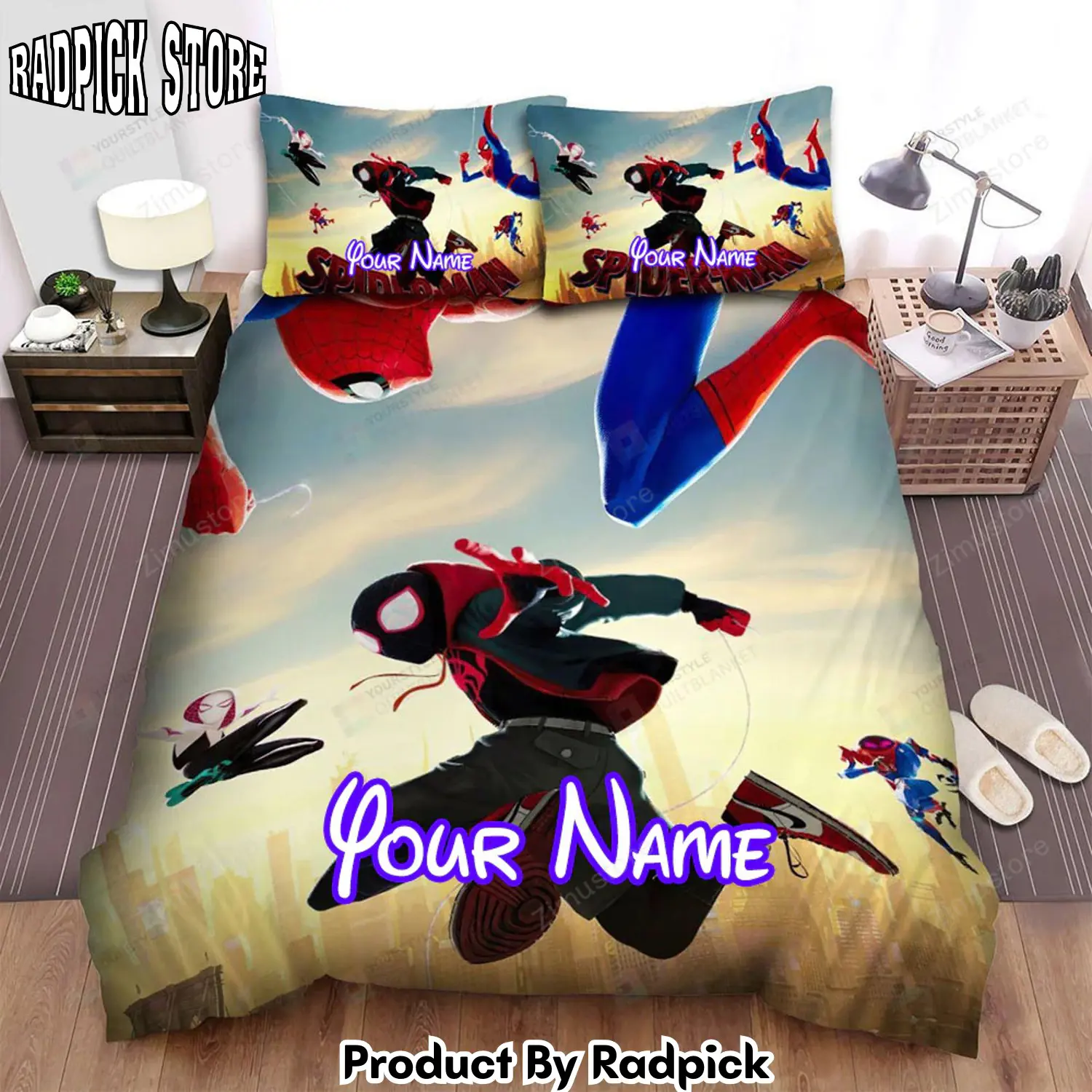 Radpick spider man of into the spider verse movie posing on the sky bed sheets spread duvet cover personalized name bedding sets rp3272093